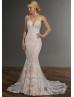 Sleeveless Beaded Ivory Lace Tulle Deep V Back Wedding Dress With Pink Lining